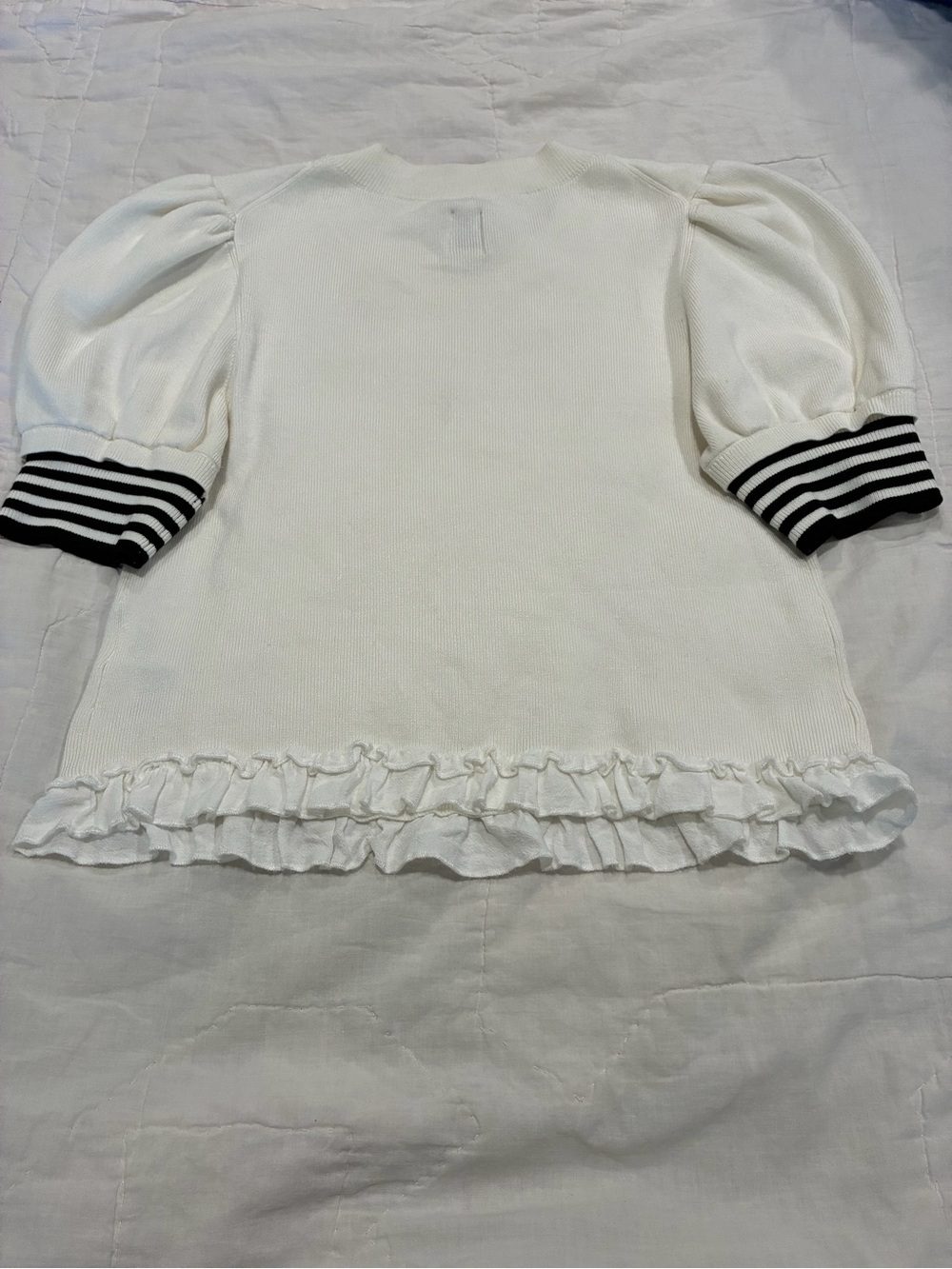 Maeve White Puff Sleeve Tee with Black Striped Cuffs